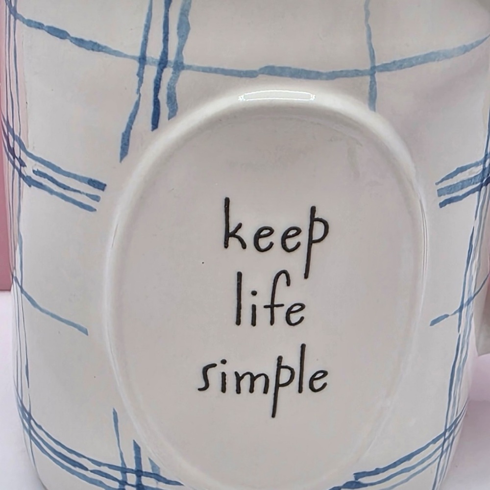 Rae Dunn Spring KEEP LIFE SIMPLE Mug Blue Plaid Stripes NEW Easter - Picture 2 of 3